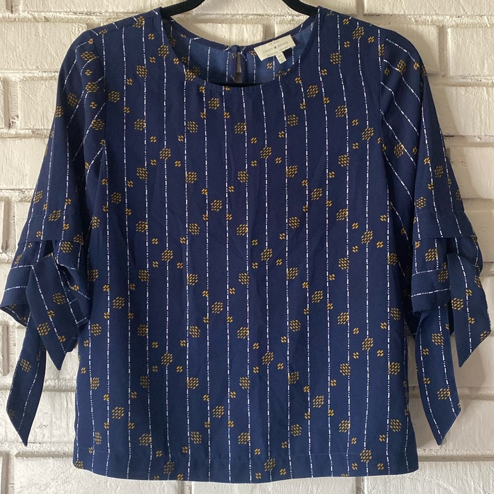 Lucky brand navy blue tie sleeve striped blouse